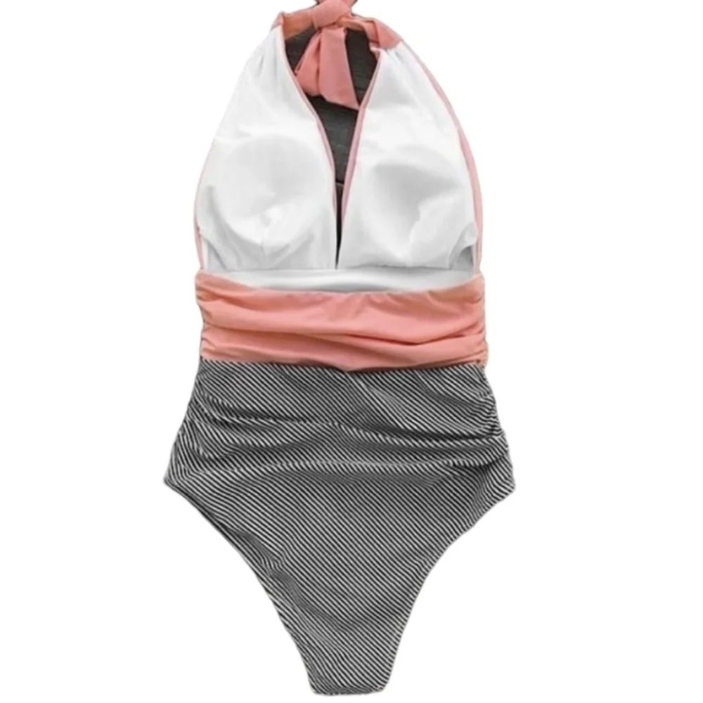 Cupshe Peach Stripe Halter One Piece Swimsuit LNC